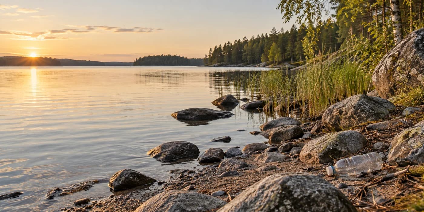 Kuvitus: pieni muovipullo kivikkoisella järvenrannalla ilta-auringossa.